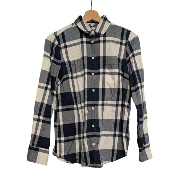 J. Crew Boy Fit Plaid Button-Up Shirt XS Navy & Cream Cotton Womens Casual Long - Picture 3 of 7